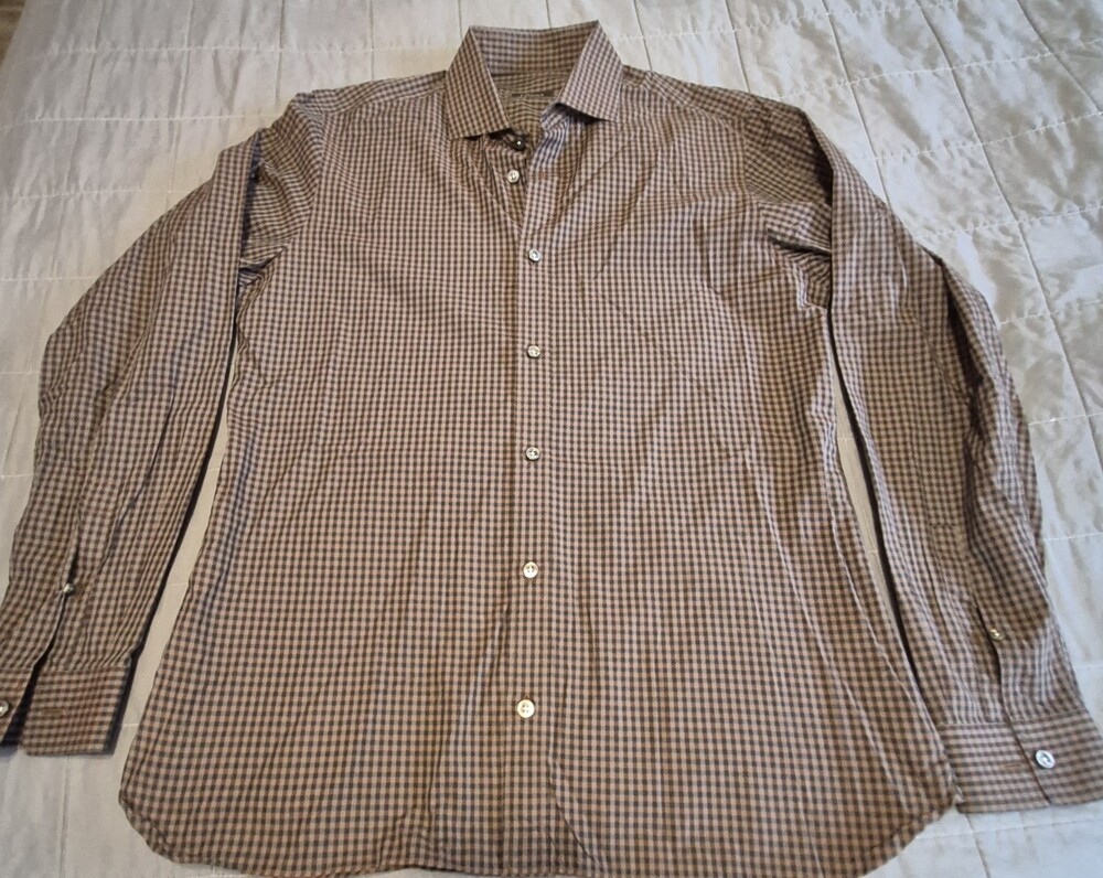Z Zegna Shirt Mens 16 Large Brown Blue Check Button Down 100% Cotton Dress